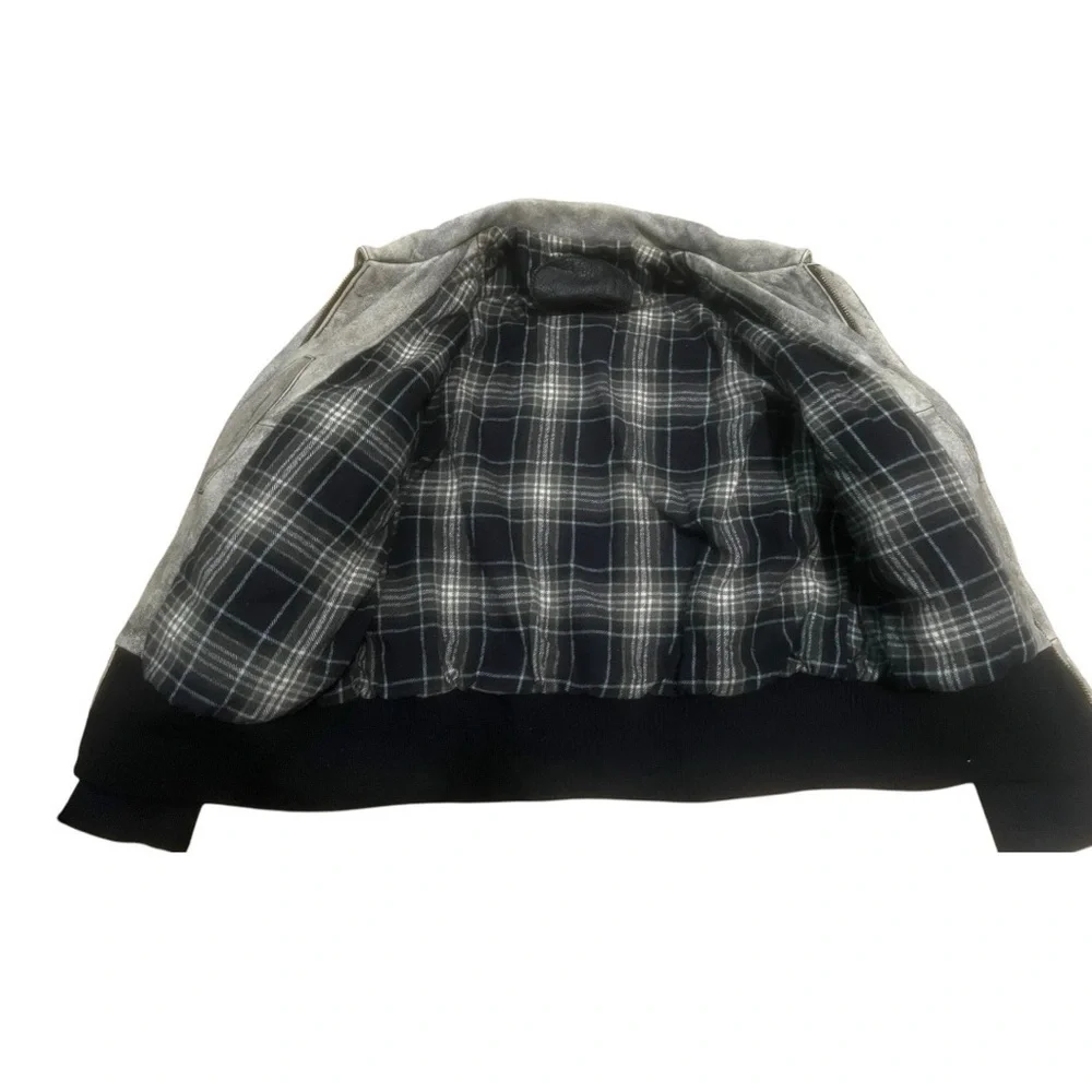 Oxford Leather Moto Bomber Jacket Gray Plaid Lined Medium Large